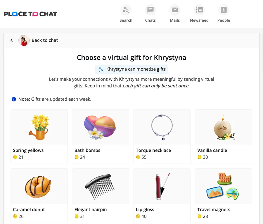 placetochat virtual gifts