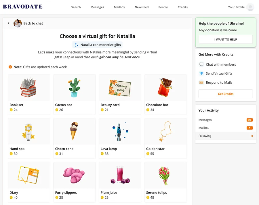 bravodate virtual gifts