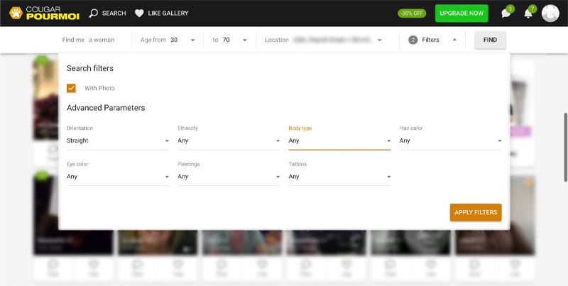 CougarPourMoi search filters