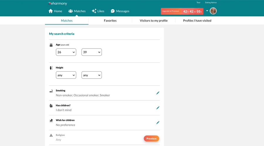 eharmony search filters
