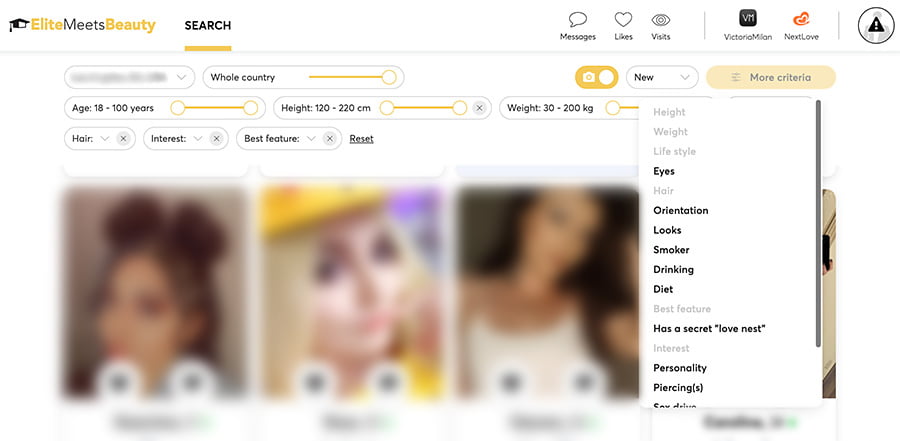 elite meets beauty search filters