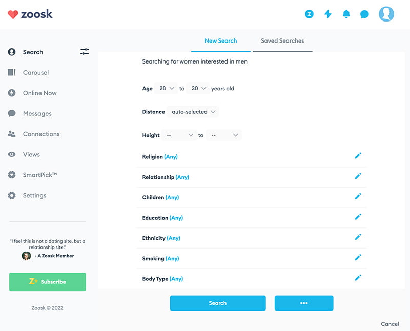 zoosk search filters